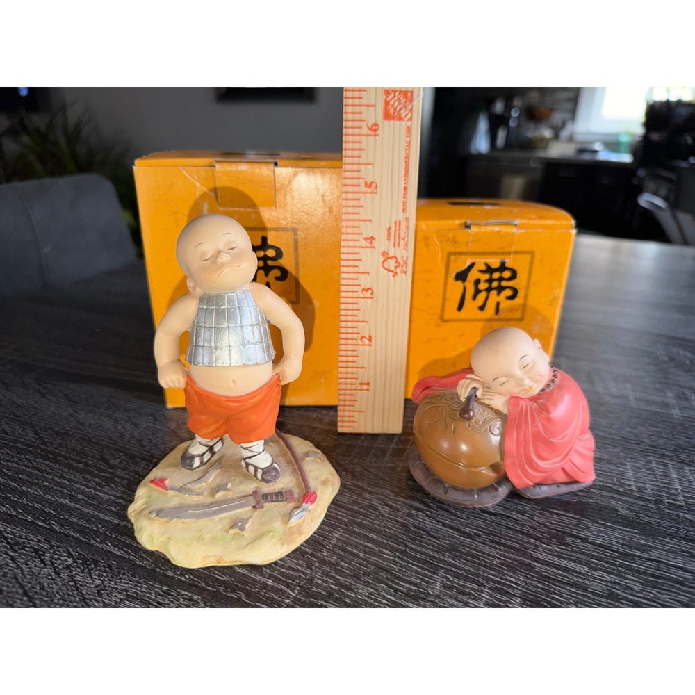 Vintage Monk Figurines Set Warrior & Sleeping‎  w/ Original Box Chinese Buddhist